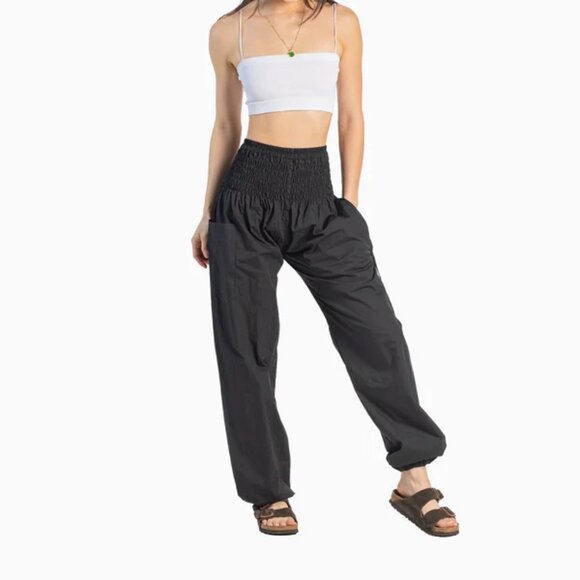 Buddha Pants Pants - Bali Pant Smocked Waist Accent Tapered Leg Outdoor Travel Pockets Pants Black